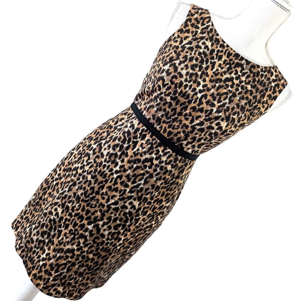 ANN TAYLOR LOFT PETITES! BLACK/BROWN GROSGRAIN RIBBON WAIST LEOPARD DRESS! SZ 2P - Picture 10 of 11